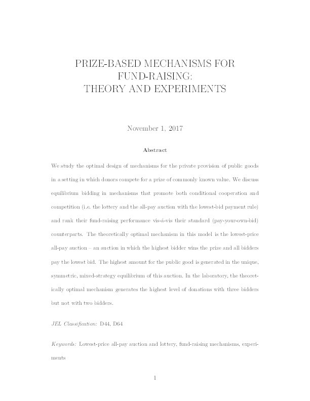 Prize-Based Mechanisms for Fund-Raising: Theory and Experiments Thumbnail