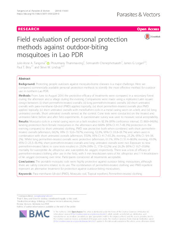 Field evaluation of personal protection methods against outdoor-biting mosquitoes in Lao PDR Thumbnail