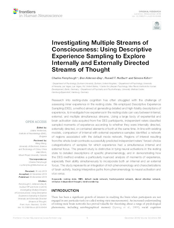 Investigating Multiple Streams of Consciousness: Using Descriptive Experience Sampling to Explore Internally and Externally Directed Streams of Thought Thumbnail