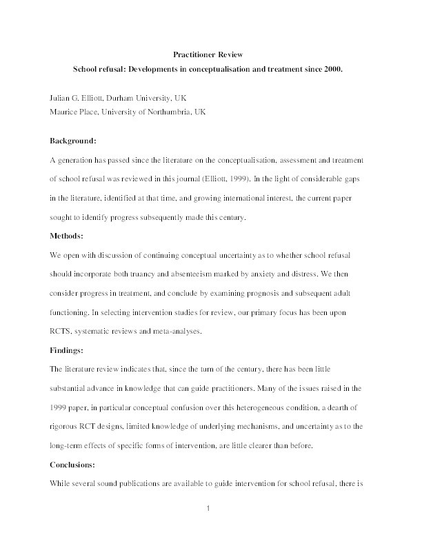 Practitioner Review: School refusal: developments in conceptualisation and treatment since 2000 Thumbnail