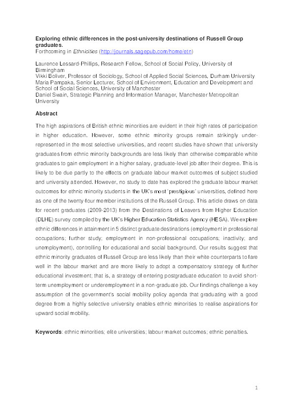 Exploring ethnic differences in the post-university destinations of Russell Group graduates Thumbnail