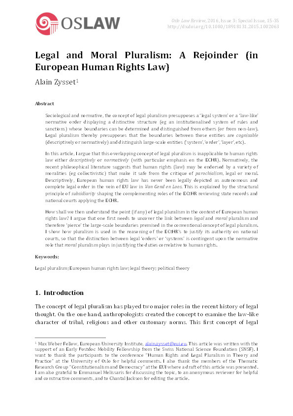 Legal and Moral Pluralism: A Rejoinder (in European Human Rights Law) Thumbnail
