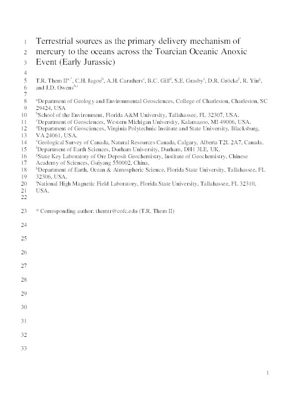 Terrestrial sources as the primary delivery mechanism of mercury to the oceans across the Toarcian Oceanic Anoxic Event (Early Jurassic) Thumbnail