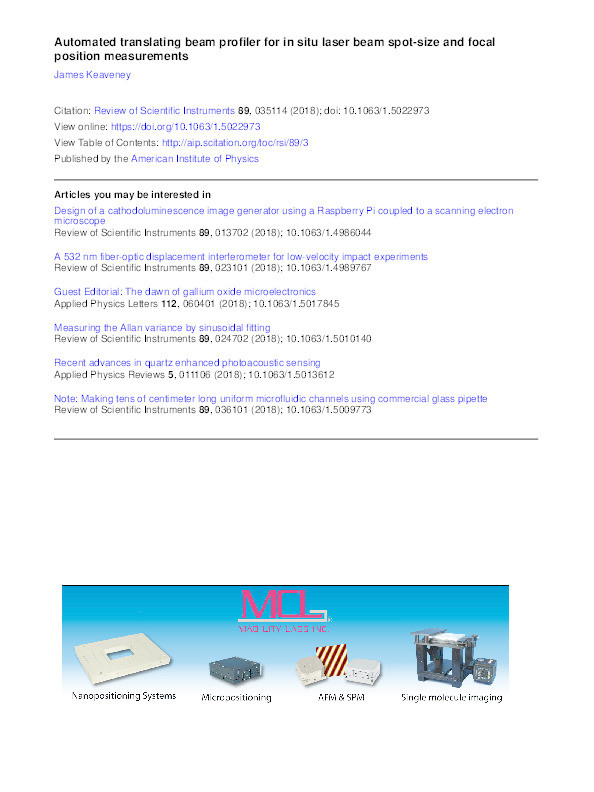 Automated translating beam profiler for in-situ laser beam spot-size and focal position measurements Thumbnail