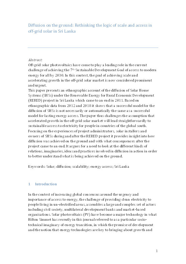 Diffusion on the ground: Rethinking the logic of scale and access in off-grid solar in Sri Lanka Thumbnail