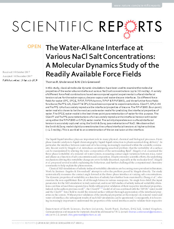 The Water-Alkane Interface at Various NaCl Salt Concentrations: A Molecular Dynamics Study of the Readily Available Force Fields Thumbnail
