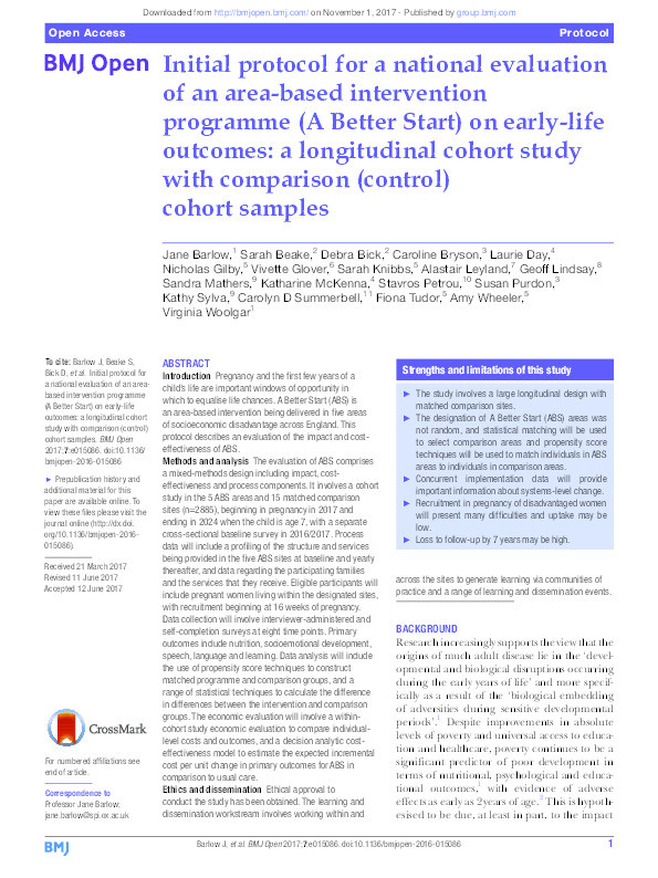 Initial protocol for a national evaluation of an area-based intervention programme (A Better Start) on early-life outcomes: a longitudinal cohort study with comparison (control) cohort samples Thumbnail