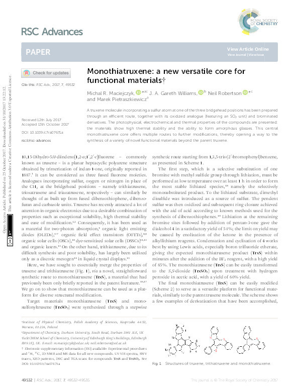 Monothiatruxene: a new versatile core for functional materials Thumbnail