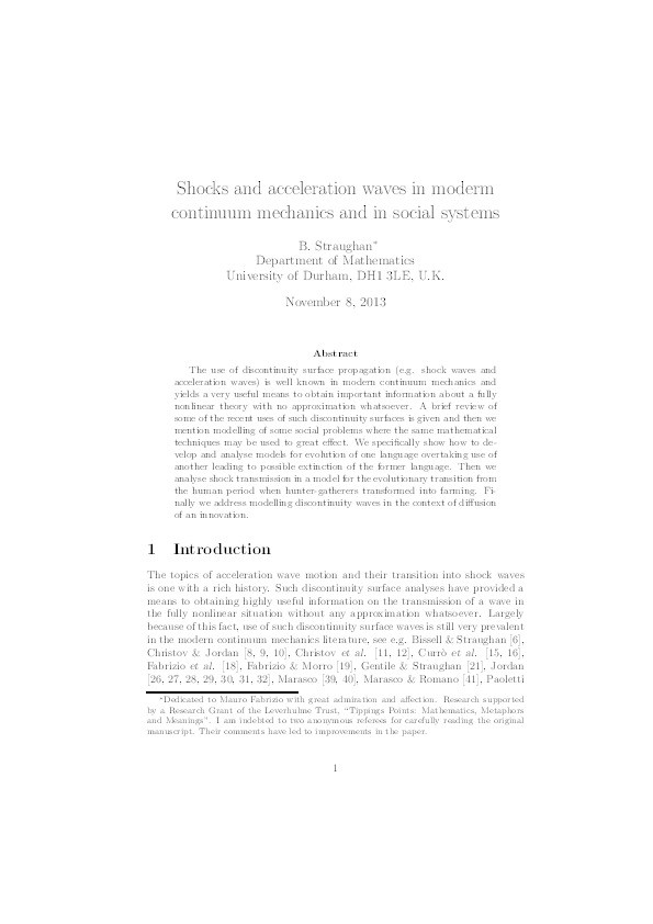 Shocks and acceleration waves in modern continuum mechanics and in social systems Thumbnail