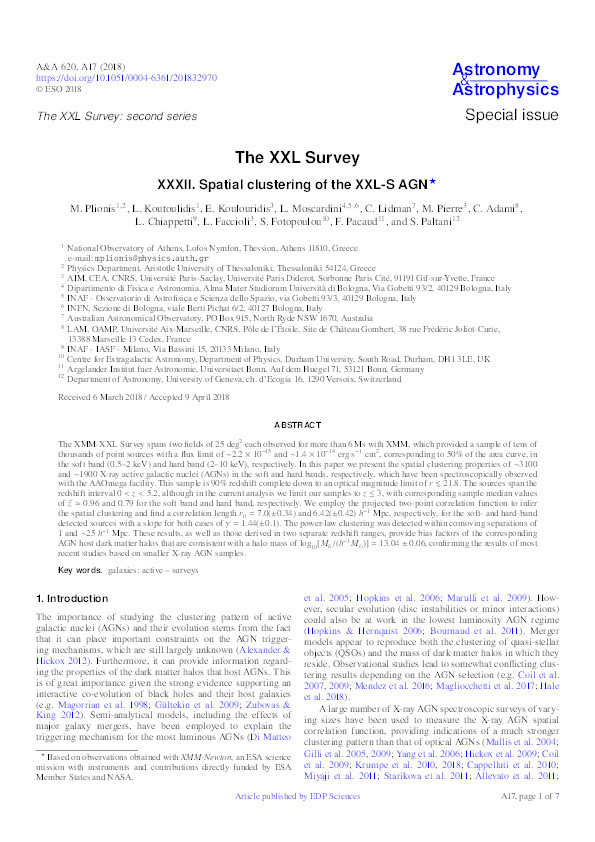 The XXL Survey: XXXII. Spatial clustering of the XXL-S AGN Thumbnail