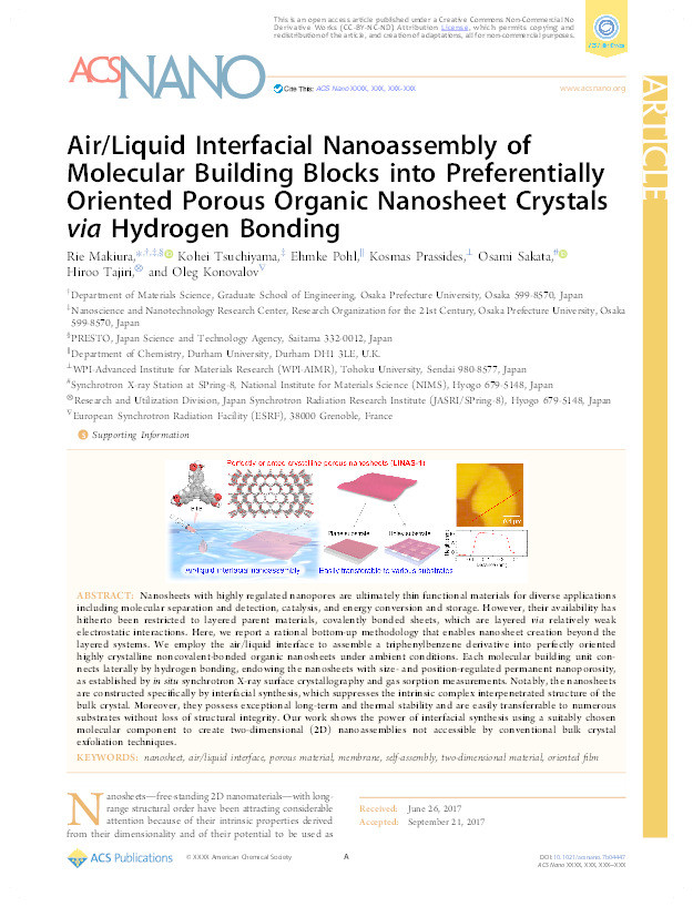 Air/Liquid Interfacial Nanoassembly of Molecular Building Blocks into Preferentially Oriented Porous Organic Nanosheet Crystals via Hydrogen Bonding Thumbnail