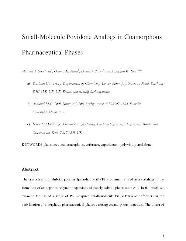Small-Molecule Povidone Analogs in Coamorphous Pharmaceutical Phases Thumbnail