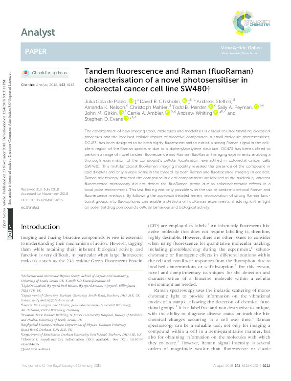 Tandem fluorescence and Raman (fluoRaman) characterisation of a novel photosensitiser in colorectal cancer cell line SW480 Thumbnail