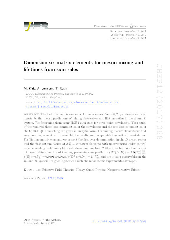 Dimension-six matrix elements for meson mixing and lifetimes from sum rules Thumbnail