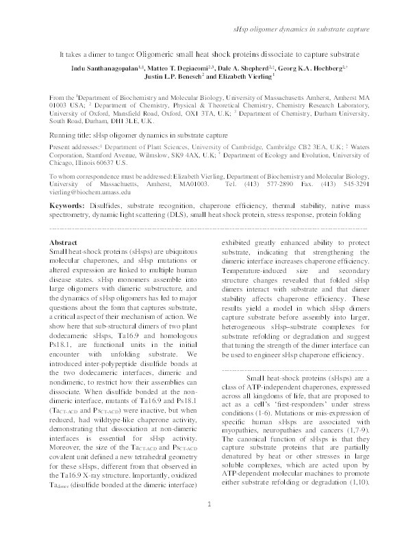 It takes a dimer to tango: Oligomeric small heat shock proteins dissociate to capture substrate Thumbnail