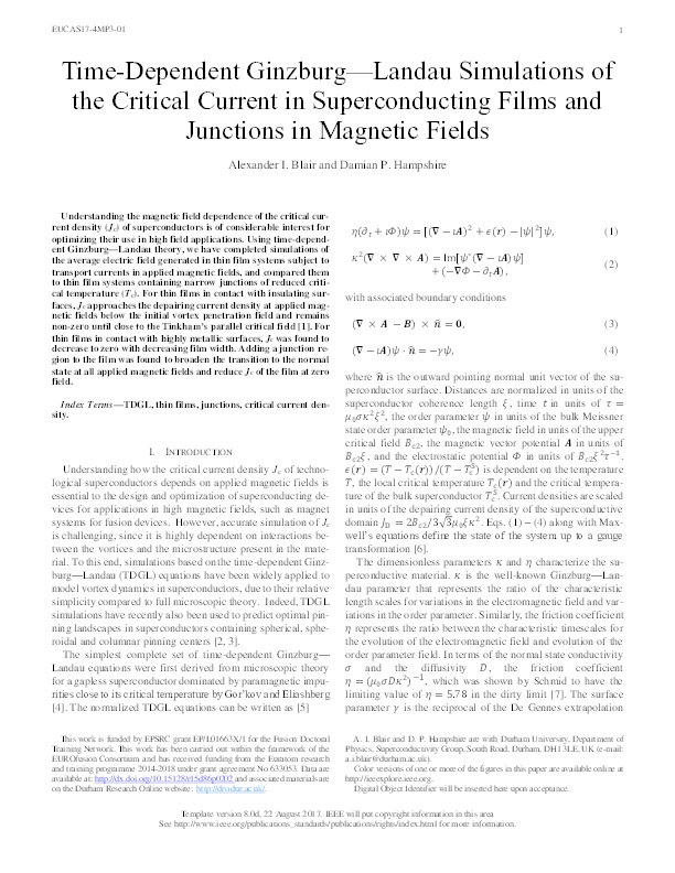 Time-Dependent Ginzburg-Landau Simulations of the Critical Current in Superconducting Films and Junctions in Magnetic Fields Thumbnail