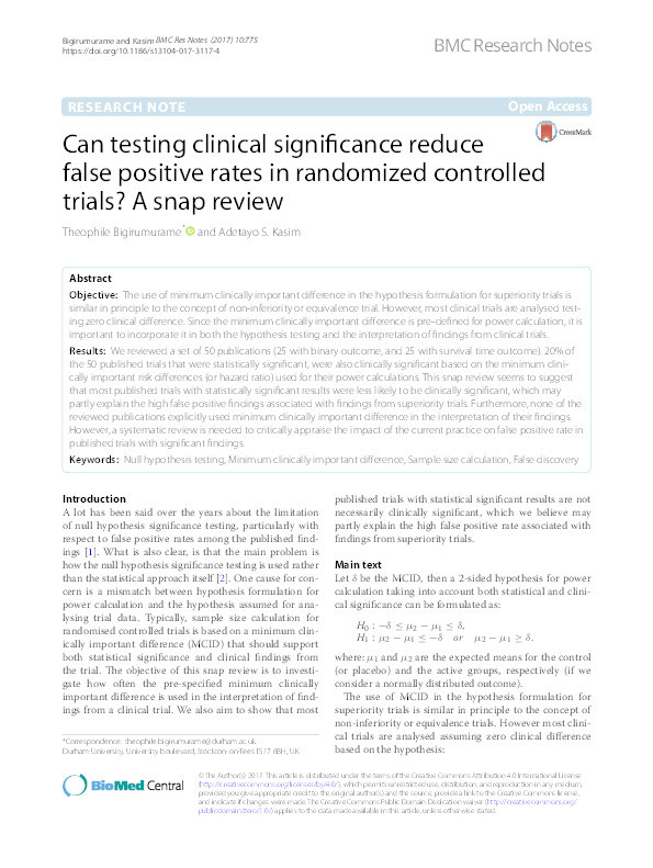 Can testing clinical significance reduce false positive rates in randomized controlled trials? A snap review Thumbnail