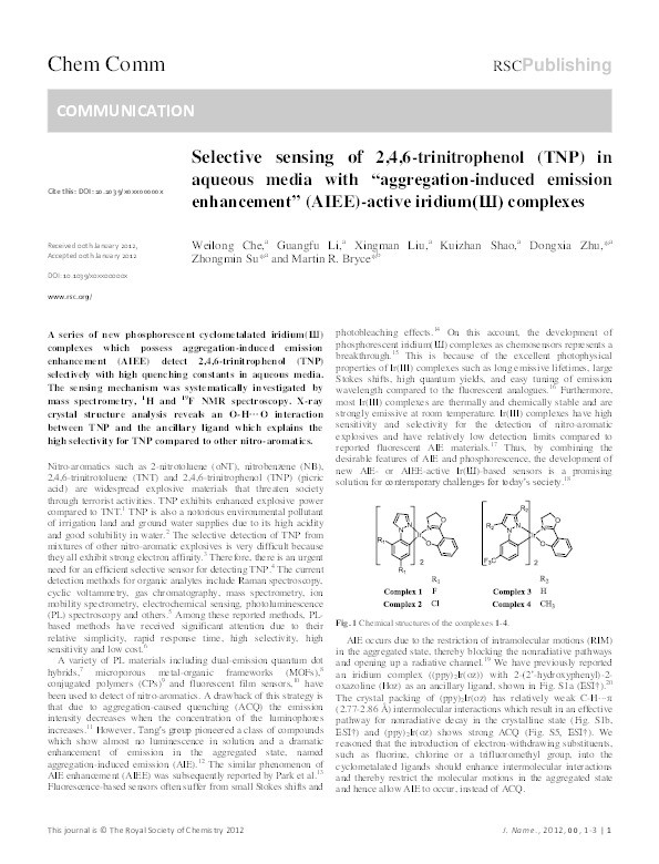Selective sensing of 2,4,6-trinitrophenol (TNP) in aqueous media with “aggregation-induced emission enhancement” (AIEE)-active iridium(III) complexes Thumbnail