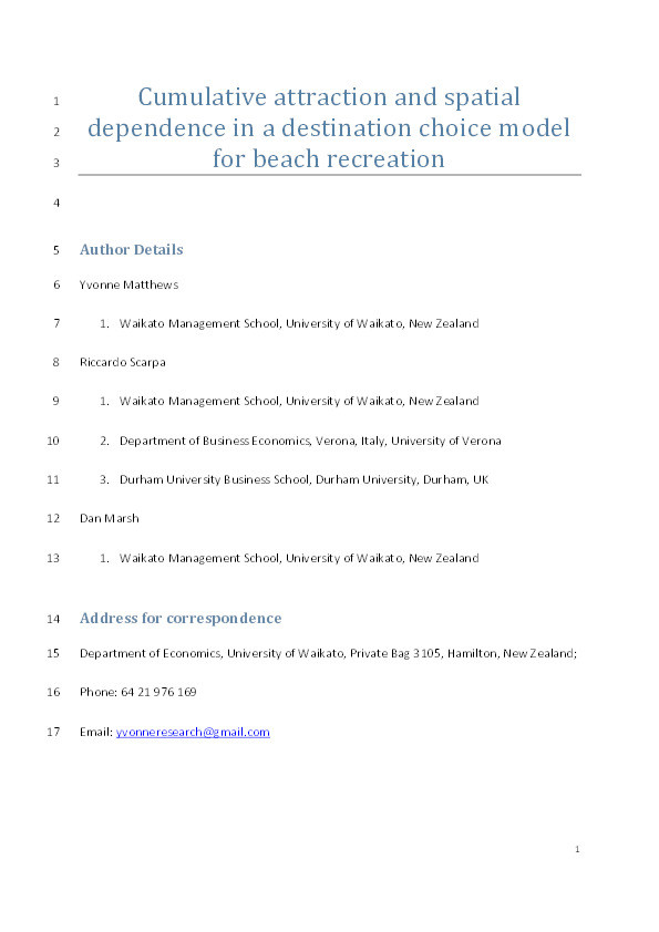 Cumulative attraction and spatial dependence in a destination choice model for beach recreation Thumbnail