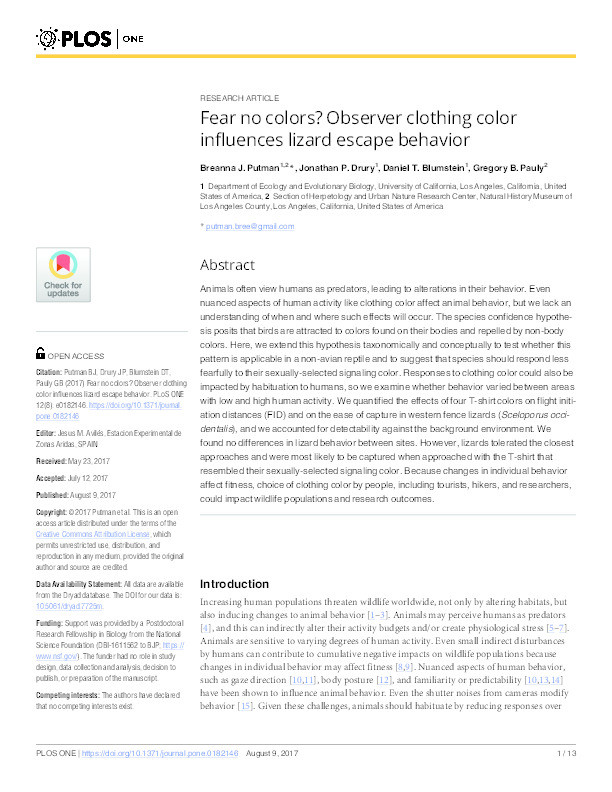 Fear no colors? Observer clothing color influences lizard escape behavior Thumbnail