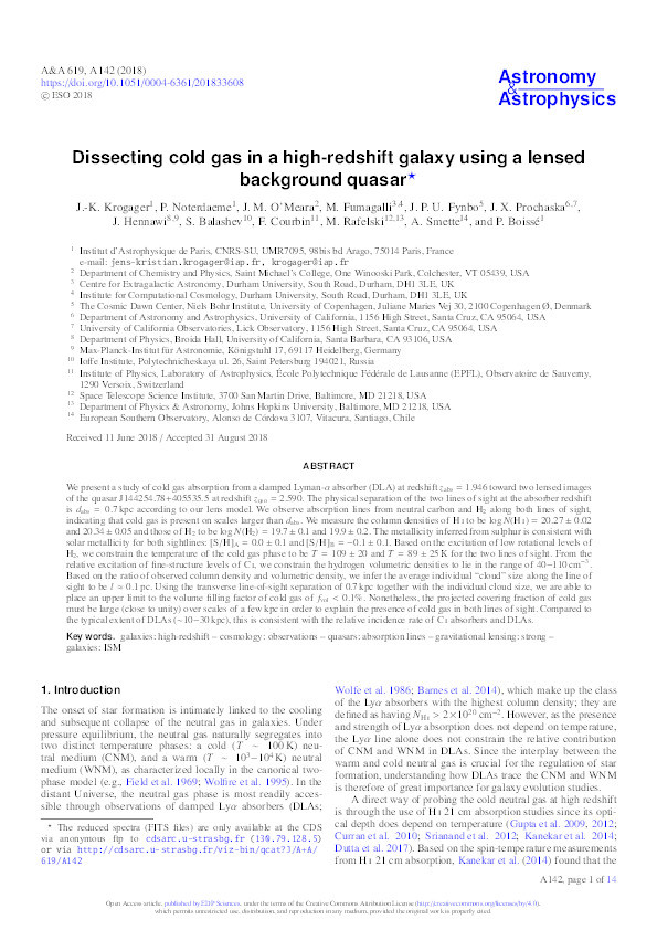 Dissecting cold gas in a high-redshift galaxy using a lensed background quasar Thumbnail