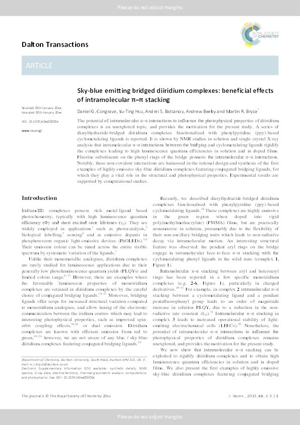 Sky-blue emitting bridged diiridium complexes: beneficial effects of intramolecular π–π stacking Thumbnail