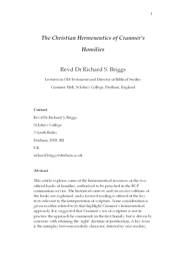 The Christian Hermeneutics of Cranmer’s Homilies Thumbnail
