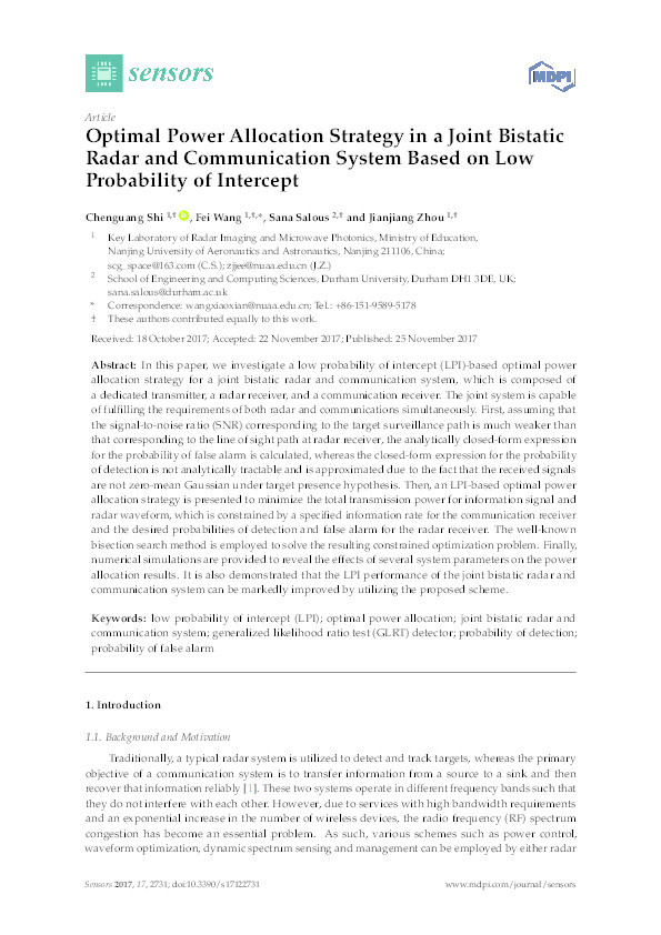 Optimal Power Allocation Strategy in a Joint Bistatic Radar and Communication System Based on Low Probability of Intercept Thumbnail