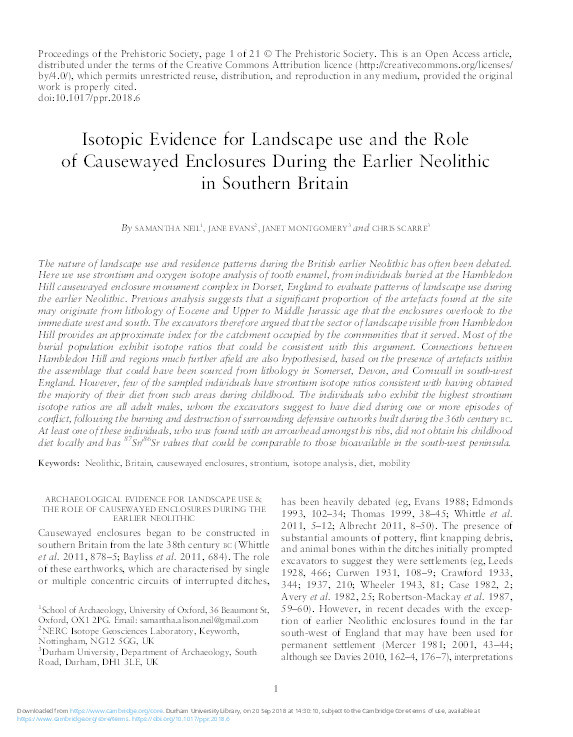 Isotopic evidence for landscape use and the role of causewayed enclosures during the earlier Neolithic in southern Britain Thumbnail
