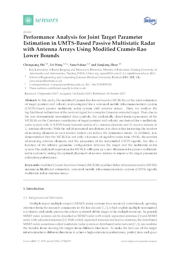 Performance Analysis for Joint Target Parameter Estimation in UMTS-Based Passive Multistatic Radar with Antenna Arrays Using Modified Cramér-Rao Lower Bounds Thumbnail