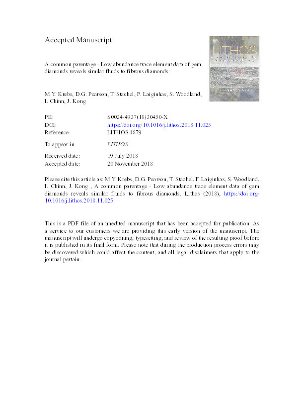 A common parentage - Low abundance trace element data of gem diamonds reveals similar fluids to fibrous diamonds Thumbnail