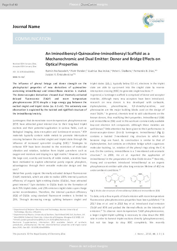 An iminodibenzyl–quinoxaline–iminodibenzyl scaffold as a mechanochromic and dual emitter: donor and bridge effects on optical properties Thumbnail