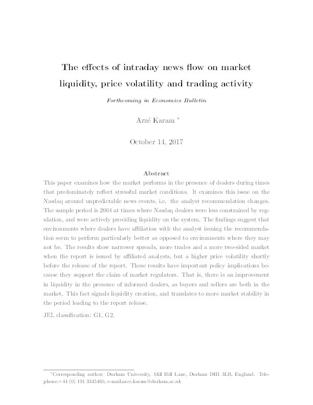 The effects of intraday news flow on market liquidity, price volatility and trading activity Thumbnail