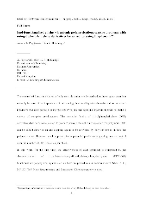 End-Functionalized Chains via Anionic Polymerization: Can the Problems with Using Diphenylethylene Derivatives be Solved by using Bisphenol F? Thumbnail