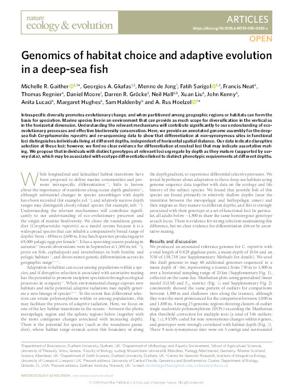 Genomics of habitat choice and adaptive evolution in a deep-sea fish Thumbnail