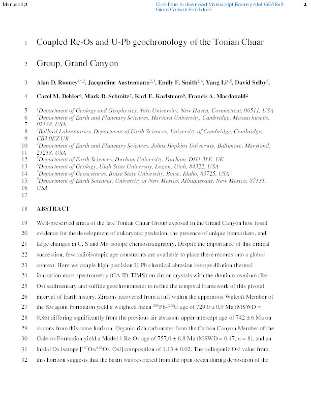 Coupled Re-Os and U-Pb geochronology of the Tonian Chuar Group, Grand Canyon Thumbnail