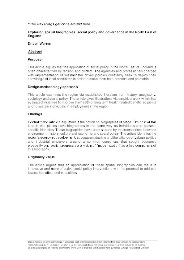 “The way things get done around here…” Exploring spatial biographies, social policy and governance in the North East of England Thumbnail