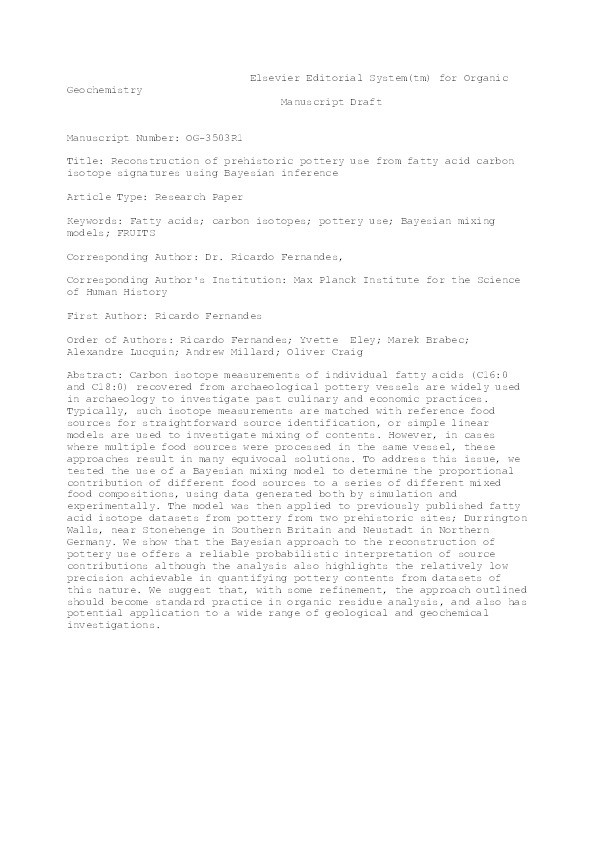 Reconstruction of prehistoric pottery use from fatty acid carbon isotope signatures using Bayesian inference Thumbnail