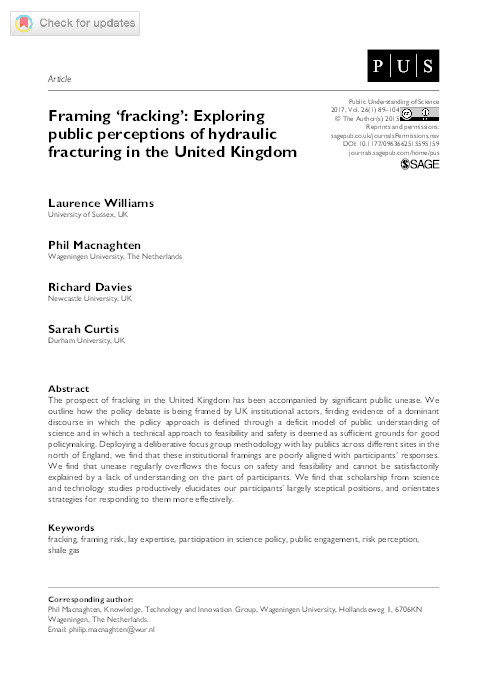 Framing ‘fracking’: Exploring public perceptions of hydraulic fracturing in the United Kingdom Thumbnail