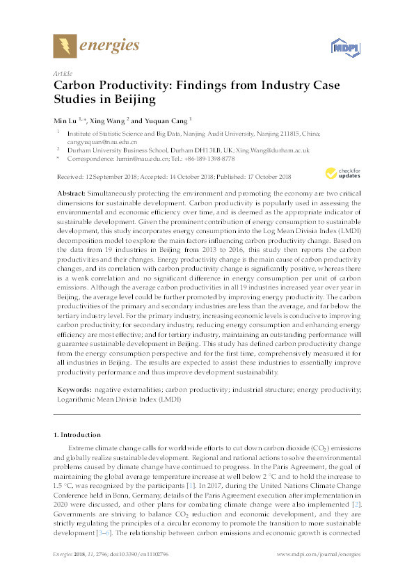Carbon Productivity: Findings from Industry Case Studies in Beijing Thumbnail