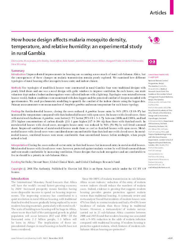 How house design affects malaria mosquito density, temperature, and relative humidity: an experimental study in rural Gambia Thumbnail