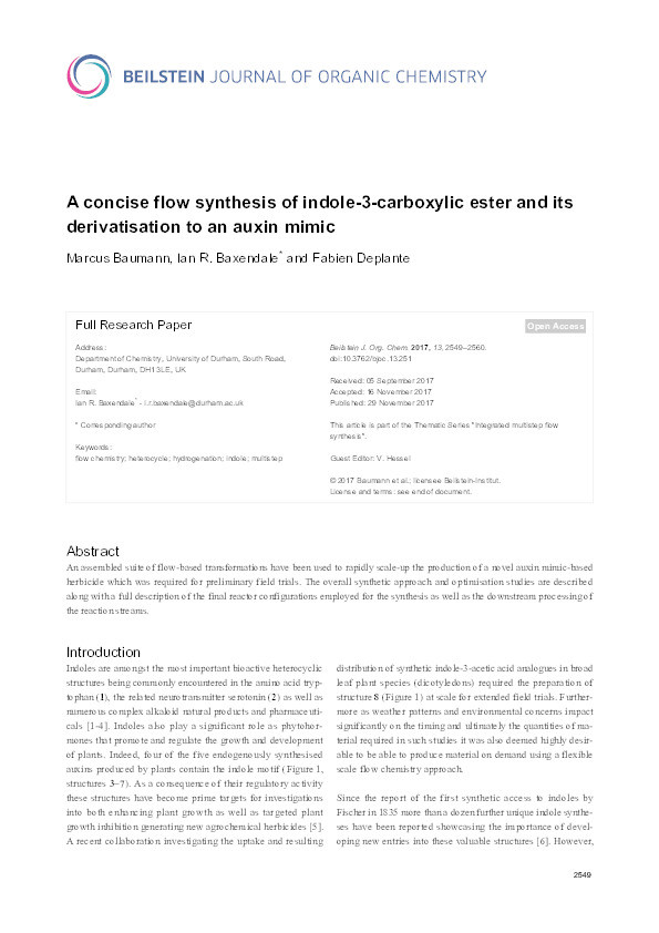 A concise flow synthesis of indole-3-carboxylic ester and its derivatisation to an auxin mimic Thumbnail