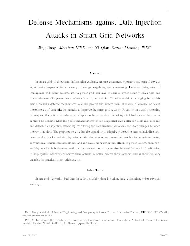 Defense Mechanisms against Data Injection Attacks in Smart Grid Networks Thumbnail