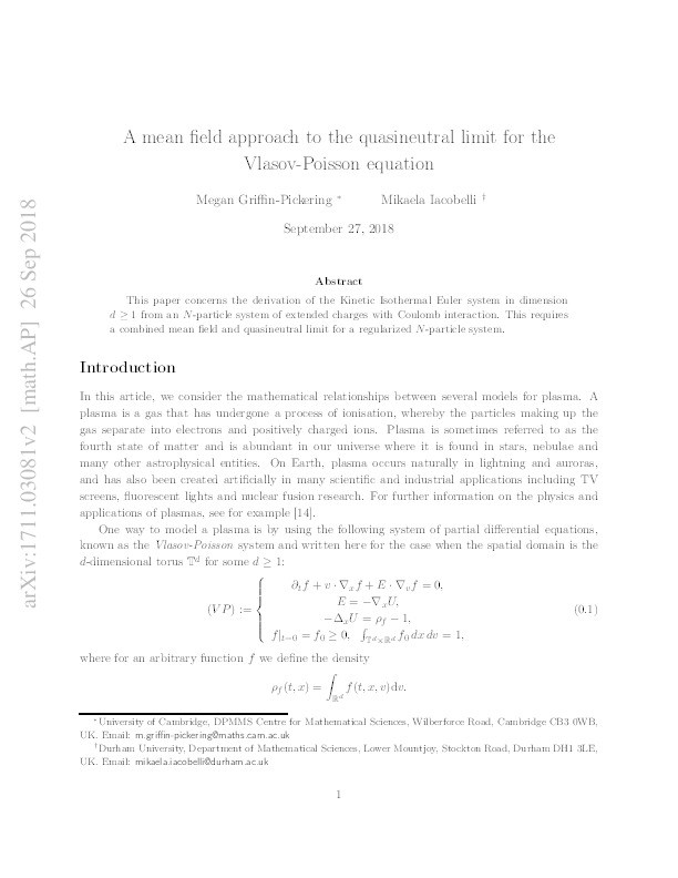 A mean field approach to the quasineutral limit for the Vlasov-Poisson equation Thumbnail