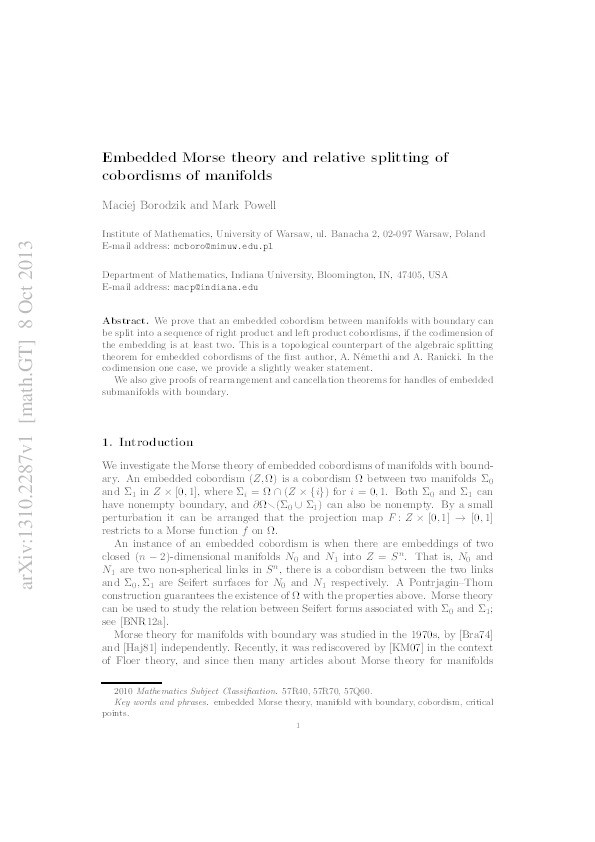 Embedded Morse Theory and Relative Splitting of Cobordisms of Manifolds Thumbnail