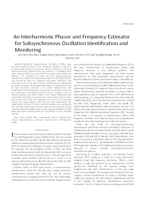 An Interharmonic phasor and frequency estimator for subsynchronous oscillation identification and monitoring Thumbnail
