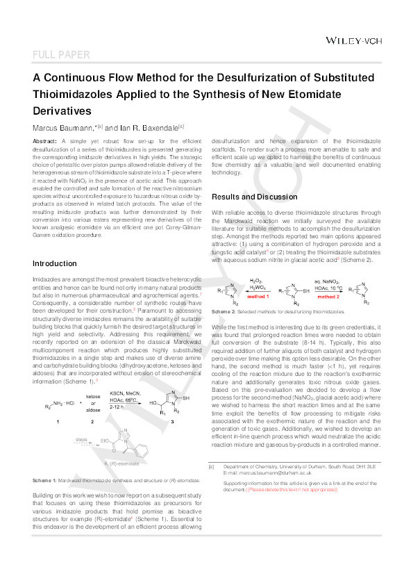 A Continuous-Flow Method for the Desulfurization of Substituted Thioimidazoles Applied to the Synthesis of Etomidate Derivatives Thumbnail