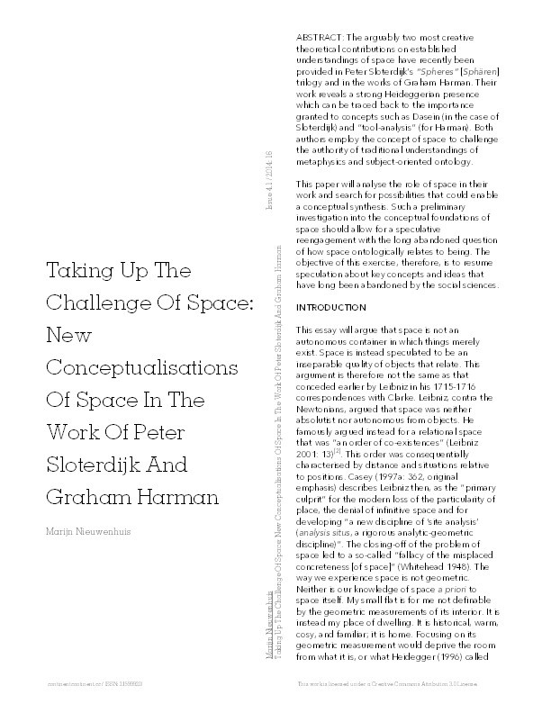 Taking Up The Challenge Of Space: New Conceptualisations Of Space In The Work Of Peter Sloterdijk And Graham Harman Thumbnail