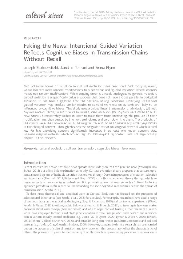 Faking the News: Intentional Guided Variation Reflects Cognitive Biases in Transmission Chains Without Recall Thumbnail