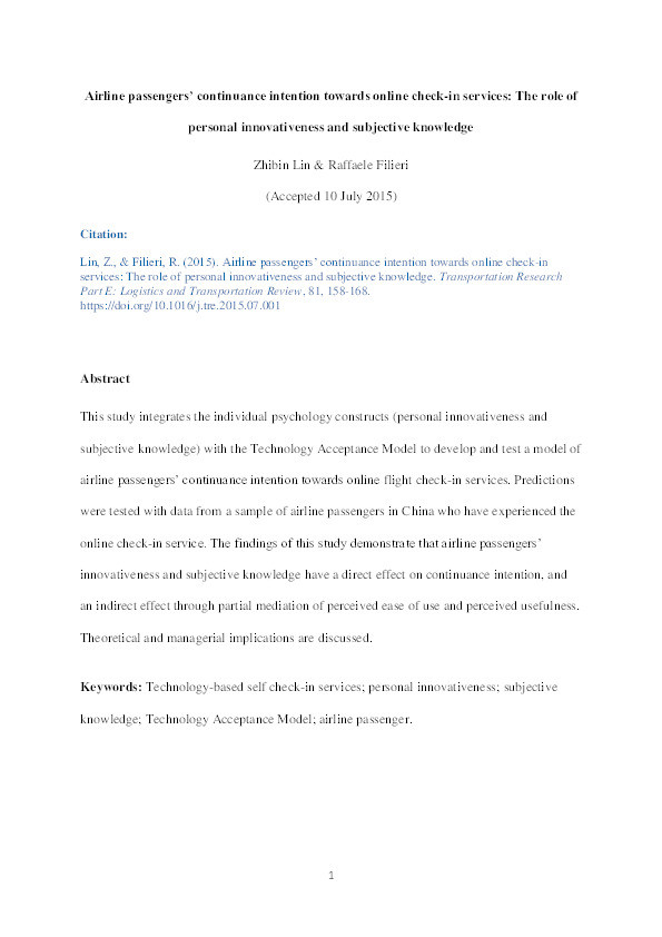 Airline passengers’ continuance intention towards online check-in services: The role of personal innovativeness and subjective knowledge Thumbnail